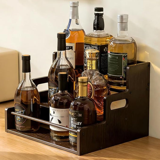 3-Tier Liquor Bottle Display Shelf, Bamboo Coffee Syrup Rack Organizer, Freestanding Countertop Wine Rack, Rustic Mini Bar Cabinet, Home Retro Bar Shelf Stand, Black Brown