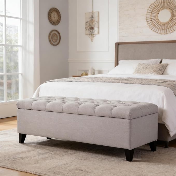 Chifee & Vingol 51" Storage Ottoman Bench Modern End of Bed Bench with Diamond Stitching Upholstered Faux Linen Entryway Benches with Storage for Bedroom Living Room Closet