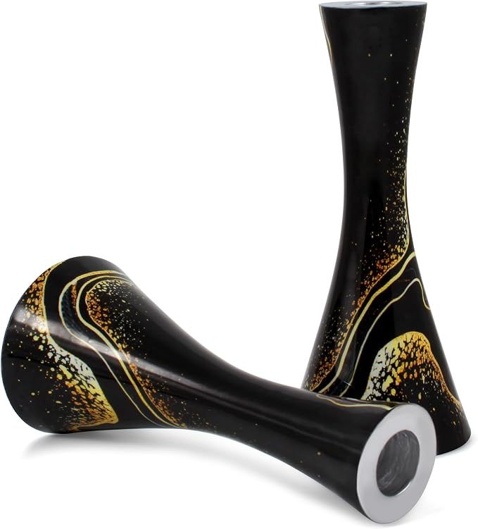 Zion Judaica Marble Decal Candle Holder Set of 2 - Black & Gold Marbleized Candlesticks 6.75" Hourglass Shape Fits 7/8" Thick Tapered/Shabbat Candles Bat Mitzvah Gift for Jewish Wedding (Black Burst)