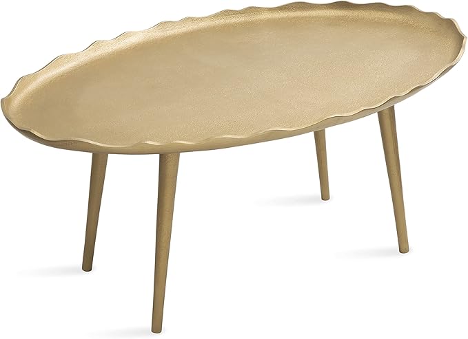 Kate and Laurel Alessia Modern Glam Oval Coffee Table; 34 x 20 x 15; Gold; Metal Living Room Table for Storage and Display with Antique Deckled Edge Detailing