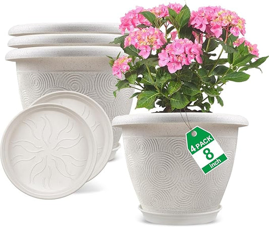 Fodetyff 8 Inch Flower Pots Planters for Indoor Outdoor Plants, 4 Pack Plastic Small Plant Pots with Drainage Hole & Tray, Modern Decorative Garden Pot with Saucer, Plant Container for House