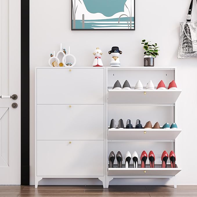 Shoe Storage Cabinet for Entryway with 3 Flip Drawers, Freestanding Shoe Organizer with Legs,Farmhouse Narrow Shoe Storage Cabinet for Entryway, Foyer,Living Room (3-Drawers, White)