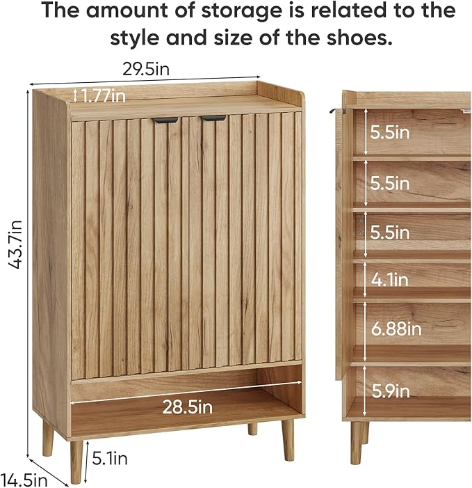 Smuxee Oak Shoe Cabinet with Fluted Doors, 6-Tier Shoe Storage Cabinet with Adjustable Shelves, Freestanding Shoe Organizer Cabinet for Entryway, Hallway, Closet, Living Room