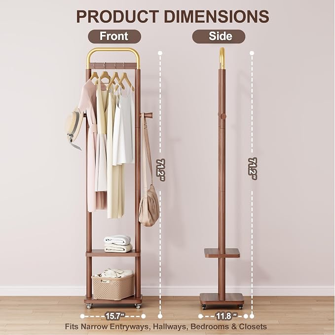Solid Rubberwood Coat Rack – 71.2" Tall Standing Rack with Locking Wheels, 2-Tier Shelves & Side Hooks, Slim Hall Tree for Entryway or Bedroom (Walnut Brown 15.7" W x 71.2" H)