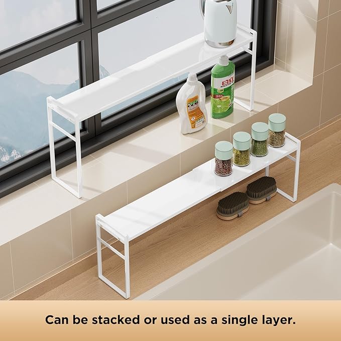 2 Tier Expandable Stackable Narrow Shelf Organizer, Tall Countertop Organizer for Tight Spaces, Windowsill Plant Stand, Over-Sink/Faucet Shelf, Kitchen Storage, Bathroom Vanity, Laundry Room (White)