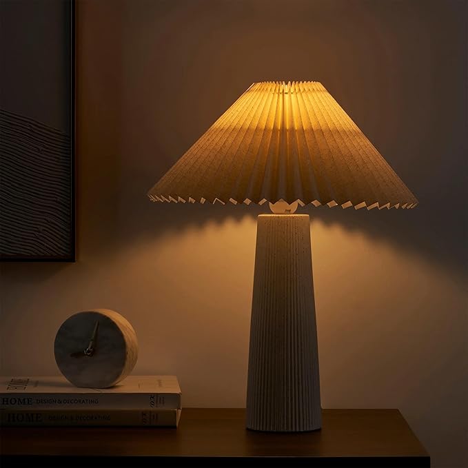 18" Ivory Pleated Shade Ribbed Ceramic Table Lamp – Modern Minimalist Desktop Lighting