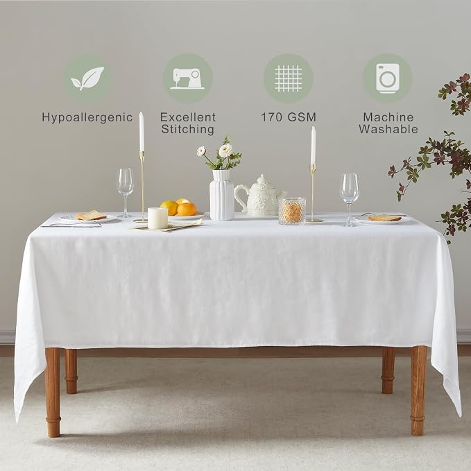 TOSMO French Linen Tablecloth, Washable Farmhouse Rectangle Table Cloth for Kitchen, Dining, Party, Cocktail, Indoor and Outdoor Daily Use(60''x120'',White)