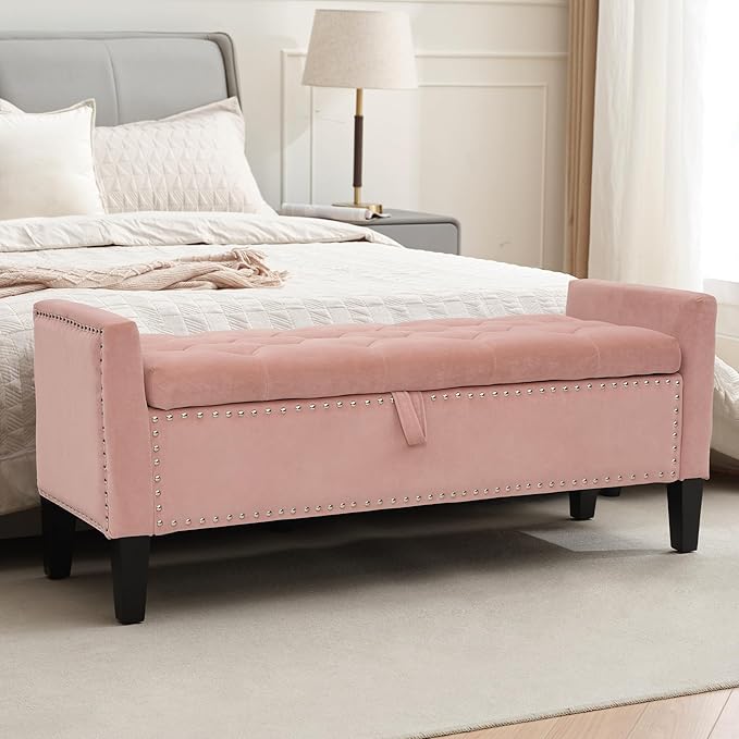 Velvet Ottoman with Storage, 46'' Upholstered Button Tufted End of Bed Bench with Arms, Modern Storage Bench for Living Room, Bedroom, Entryway, Pink