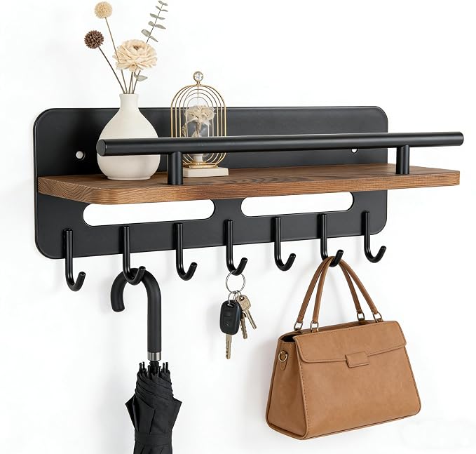 Tstarer Metal Key Holder with Wood Shelf, Decorative Key and Mail Holder with 7 Sturdy Hooks (12”W x 5”H x 4”D) (Black)