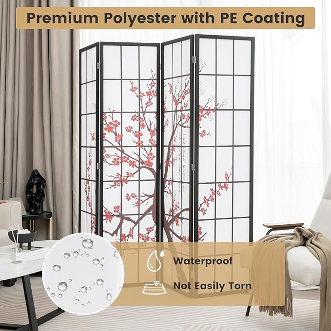 GOFLAME Japanese Style 4 Panel Room Divider, 6ft Folding Shoji Screen Room Partition with Plum Blossom Design, Solid Wood Frame, Freestanding Wall Divider, Indoor Room Separator for Home Office