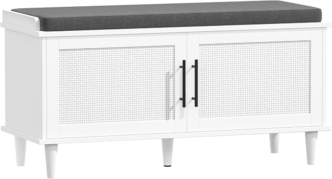 Akxomel Rattan Shoe Storage Bench with Cushion, 2-Tier Entryway Bench with Adjustable Shelves and 2 Doors, 15" D x 39.4" W x 20" H, Solid Wood Legs, for Hallway, Living Room, Bedroom, White