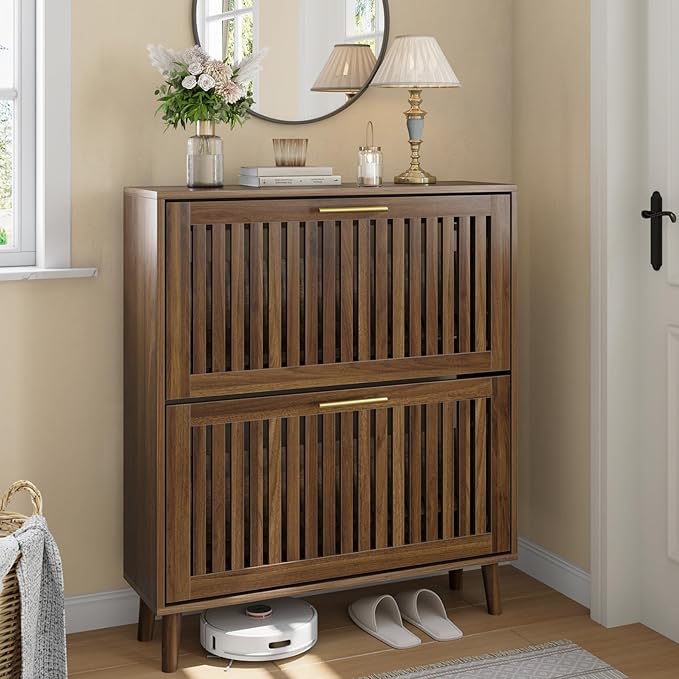 Smart FENDEE 31.5" W Shoe Cabinet Storage for Entryway with 2 Flip Drawers, Shoe Cabinet with Slatted Panel, Hidden Shoe Rack Freestanding Slim Shoes Organizer for Hallway, Entrance, Walnut