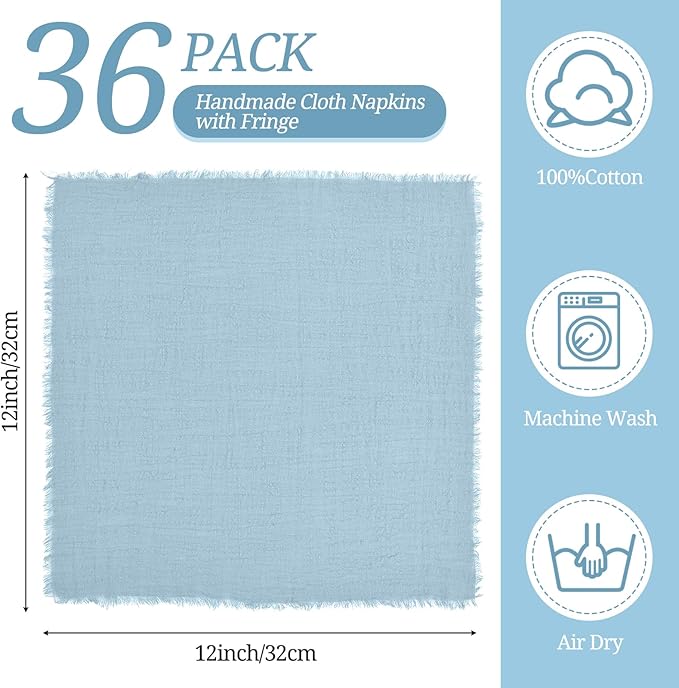 36 Pack Dusty Blue Handmade Cloth Napkins 12 x 12 Inch Cotton Linen Napkins with Fringe, Washable and Reusable Napkins, Soft Rustic Boho Fringe Cloth Napkins for Dinners,Parties, Wedding