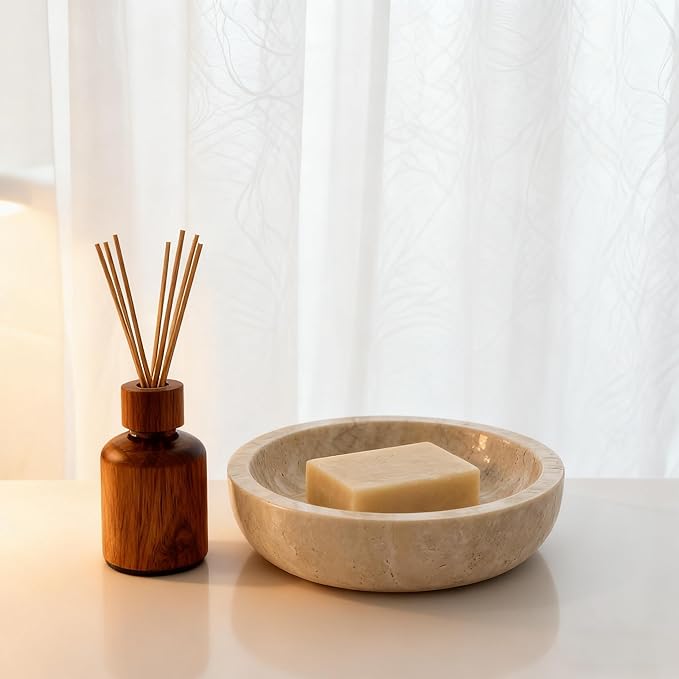 Small Travertine Decorative Bowl for Keys, 5.9 inches,Natural Stone Bowl for Home Decor, Fruit, Nuts, Jewelry tray,Coffee Tables Centerpiece, Soap Serving