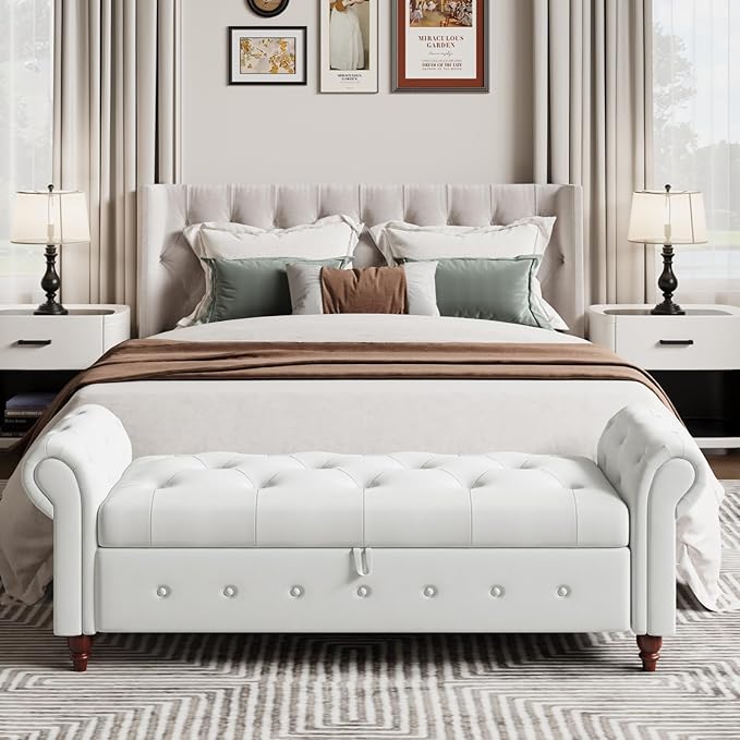 Modern 63'' Storage Ottoman Bench, Upholstered End Bed Bench with Curved Armrest, Button Tufted Entryway Bench with Wood Legs, Bed Bench for Bedroom, Living Room, Hallway (Cream White)
