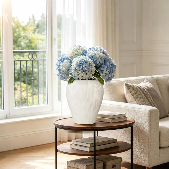 Slim Flat Ceramic Vase for Home Decor, 13" Ribbed Modern Flower Vase, Space-Saving Narrow Decorative Vase for Pampas Grass Artificial Flowers, Farmhouse Boho Table Centerpiece, White
