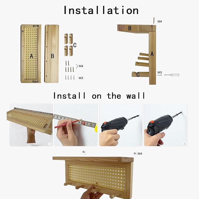 PE Rattan Key Holder with 4 Key Hooks ,Wall Mounted Decorative Floating Shelf for Entryway,Nursery,Mudroom, Hallway, Office (Retro Brown)