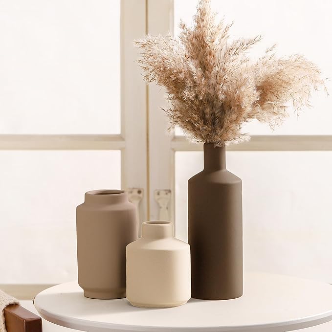 Ceramic Vase Set of 3 Terracotta Brown Beige, Modern Small Flower Vases for Home Decor, Boho Farmhouse Rustic Decorative Vases for Living Room Table Shelf Kitchen Bedroom Centerpieces