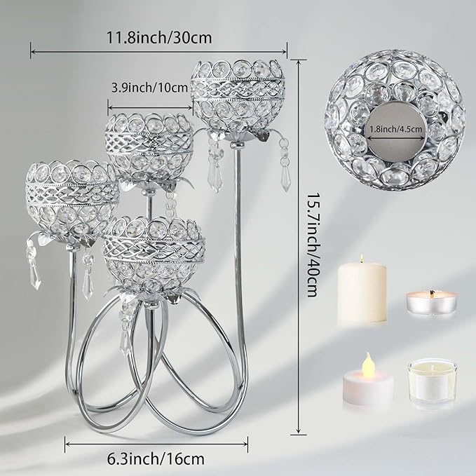 4 Arms Crystal Candelabra Tealight Holder - Tall 15.7 Inch Elegant Tabletop Centerpiece with Crystal Pendant Bowls & Artistic Metal Stand for Wedding, Dining Table, Home Decor (2, Silver)