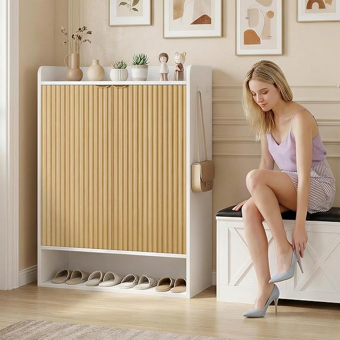 DreamDashio Fluted Shoe Cabinet Storage with Doors, 5-Tier Modern Shoe Storage Cabinet with Side Hooks, Open Shelf & Adjustable Shelves, Tall Shoe Rack Organizer Cabinet for Entryway, Hallway, White