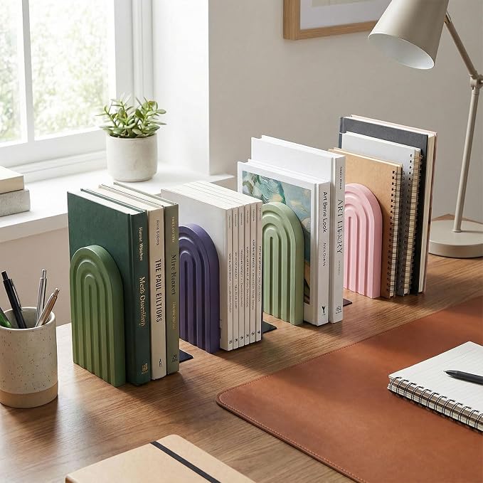 4 Pcs Boho Arch Wood Bookends Sage Green Rainbow Wooden Book Stands with Non-Slip Metal Base, Bookends for Shelves Heavy Books Back to School Home Office Study Desk Organizer