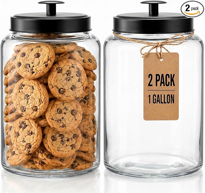 Pumtus 2 Pack Large Glass Jars with Metal Lid, 1 Gallon Clear Cookie Candy Jar, 125 OZ Airtight Food Storage Container, Empty Canister Set for Kitchen Counter, Pasta, Dog Treats, Snacks, 3.7 L