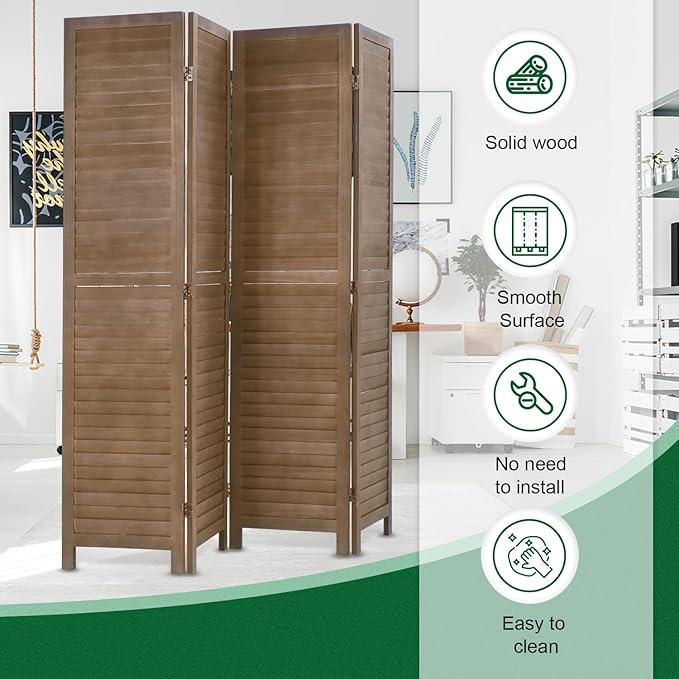 PayLessHere Room Divider 4 Panel Wood Privacy Screen 5.75 Ft Indoor Folding Portable Partition Screen for Bedroom Office Restaurant,Brown