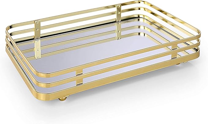 SunnyPoint Classic Decorative Vanity Perfume Dresser Jewelry Organizer Makeup Mirror Tray (Polished Gold) (Pack of 2)