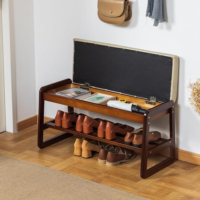 Shoe Bench with Storage - 2-Tier Entryway Bench, Solid Wood Shoe Rack with Cushion & Flip-Open Box, Mid-Century Modern for Hallway, Mudroom, Bedroom (Gray, 31.5'')