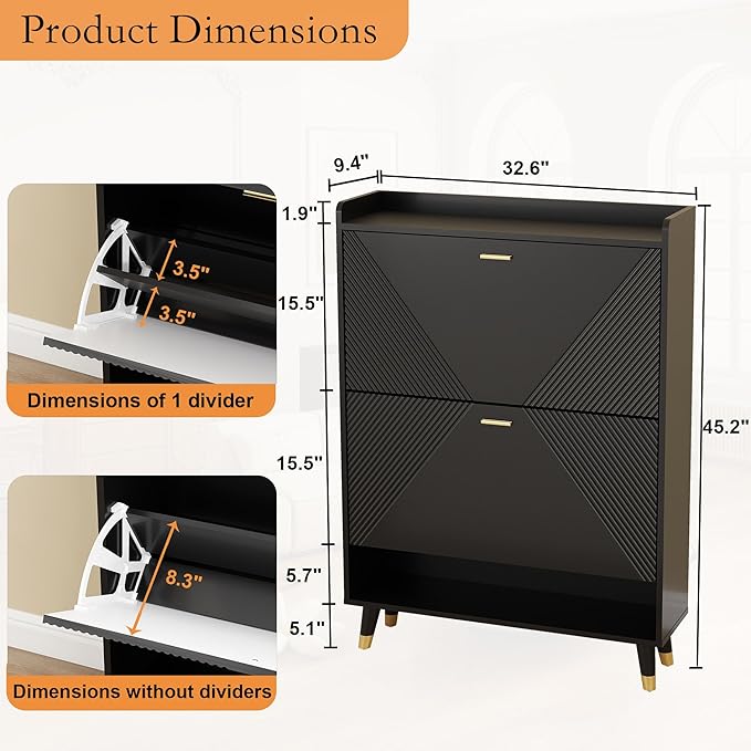 Shoe Cabinet Storage for Entryway: 65" Black Narrow Shoe Organizer Cabinet with 4 Flip Drawers, Modern Hidden Shoes Rack for Front Door Entrance (Black, 4 Drawers)
