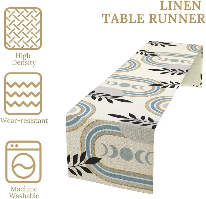 YCness Boho Mid Century Abstract Table Runner Modern Sun Moon Phase Minimalist Aesthetic Leaves Arch Geometric Table Runner for Dining Party Table Decor, 13x120 Inch Grey