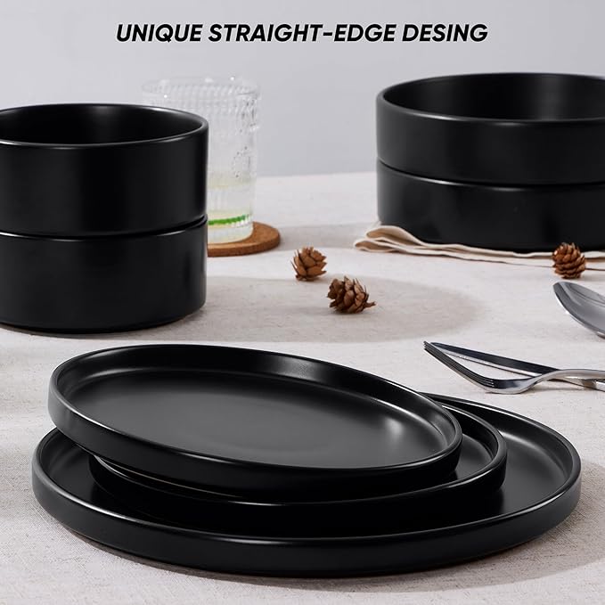 E-far 16-Piece Black Plates and Bowls Sets - Stoneware Dinnerware Sets with Pasta Bowls for 4 | Matte Black Kitchen Modern Dish Set, Microwave & Dishwasher Safe