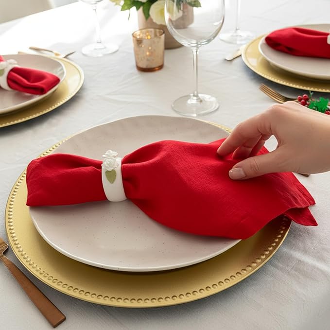 Linen Napkins –100% French Flax – Stonewashed Pure Linen Cloth Napkins - Size 18 Inch x 18 Inch – Set of 4 (Rich Red)