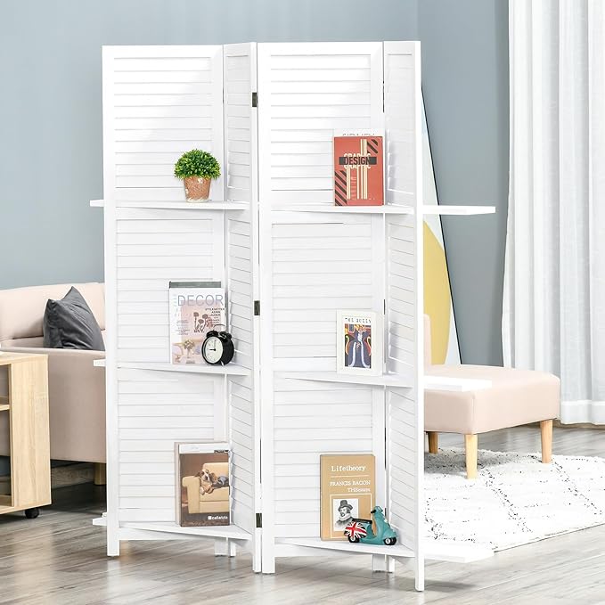 4-Panel Folding Room Divider with Shelves, 67" Tall Freestanding Wood Privacy Screen Panel with 3 Display Shelves and Folding Storage for Bedroom or Home Office, White