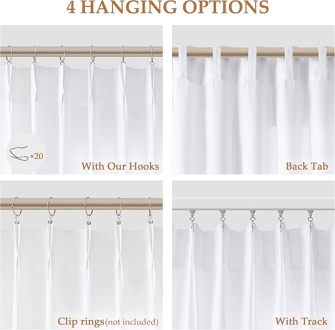 Aersas White Pinch Pleat Linen Curtains 54 Inch Long for Kitchen Pleated with Hooks Back Tab Light Filtering Boho Farmhouse Short Semi Sheer 54 Inch Curtain for Dining Room Bedroom Small Window