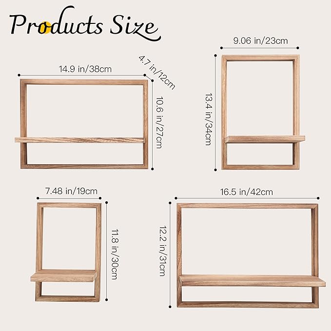 PHOENANCEE Square Floating Shelves,Framed Wall Shelf Decorative Set of 4,Modern Plants Hanging Display Art Decor Storage for Livingroom Bedroom Bathroom Farmhouse,Home Light Wood,Carbonized Black