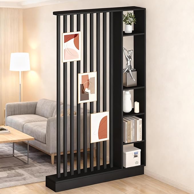 Wall Room Divider, Freestanding Wood Room Divider Shelf with Shelves, Divider Screen Separator Screen with Storage, Wall Divider for Room Separation, for Home Office (Black, 47.2x9.4x78.7in)