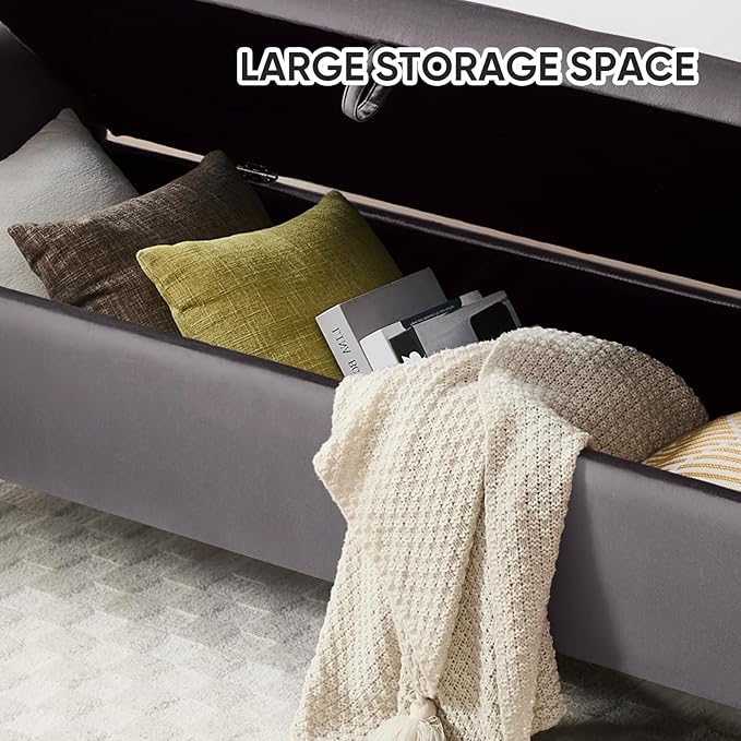 65" Storage Bench for Bedroom, Velvet End of Bed Bench, King Size Bed Benches for Foot with Tufted Button and Gold Legs, Upholstered Window Ottoman Benches with Armrests, Dark Grey