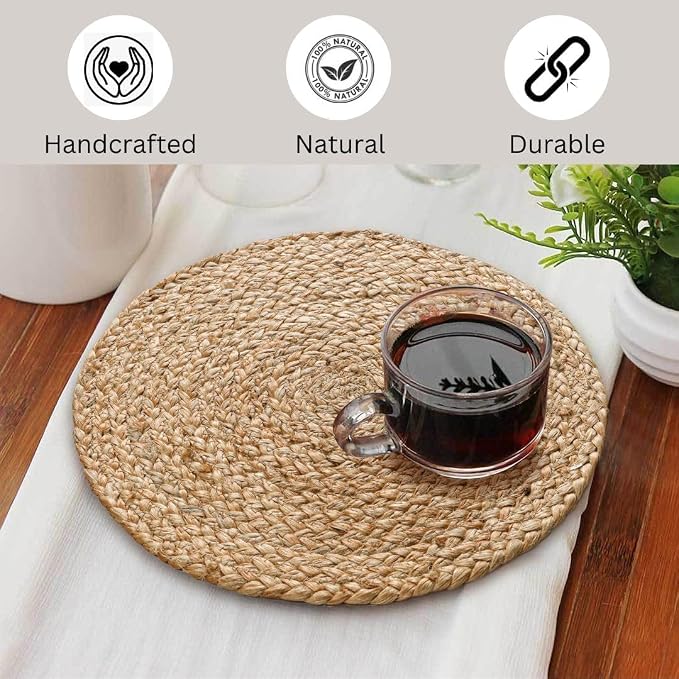 The Home Talk Jute Cotton Hand Woven Table Runner/Placemats (4 Placemat Set, Natural, 14" Round)