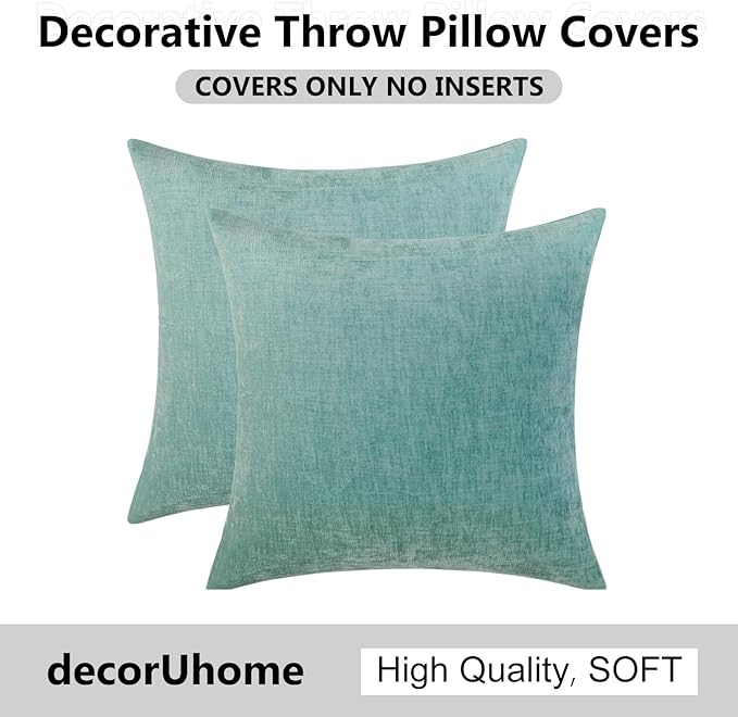 decorUhome Chenille Aqua Haze Throw Pillow Covers 22x22 Inch Set of 2, Decorative Soft Couch Pillow Covers Solid Dyed Accent Farmhouse Neutral Square Pillow Cases for Sofa
