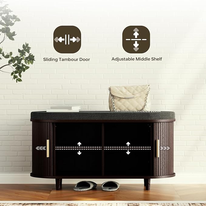 Entryway Bench with Storage: 35.4" Wooden Bedroom Shoe Bench with Thickened Padded Seat Cushion, Mid Century Modern Fluted Sliding Door and Adjustable Shelf, for Entryway, Living Room