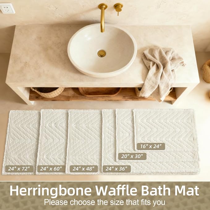 Sunfly Waffle Runner Rug for Bathroom, Long Boho Bath Mat Non-Slip Washable Super Absorbent Quick Dry, Farmhouse Bathroom Decor 24"x72" Cream