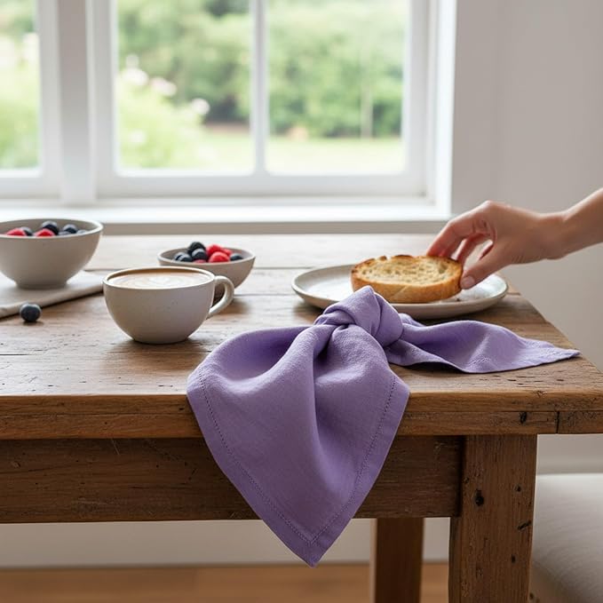 Hemstitched Linen Napkins – 20 Inch x 20 Inch – Stonewashed Pure Linen Cloth Dinner Napkins with Mitered Corners - 100% French Flax – Machine Washable - Set of 4 (Dusty Pastel Purple)