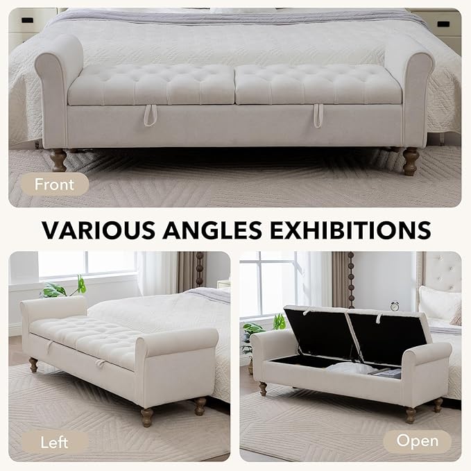 65" Oversize Storage Ottoman Bench, Fleece Upholstered End of Bed Benches with Rolled Armrest, Modern King Size Benches with Rolled Armrest, Window Bench (Beige+Dual-Cover)