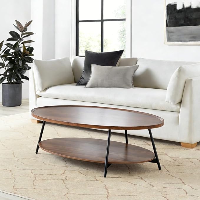 AGV Oval Coffee Table with Shelf Storage, 2-Tier Walnut Wood Finish Center Table for Living Room, Modern Asymmetrical Metal Legs, Raised Edge Sofa Table
