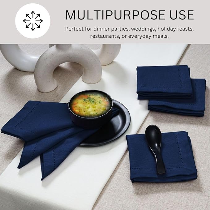 Hemstitch Cloth Dinner Napkins 100% Cotton Set of 12 - for Dining Special Occasions Weddings Parties Holidays Easter - Soft Durable Reusable - 18x18 Inch Table Cloth Napkins Navy Blue