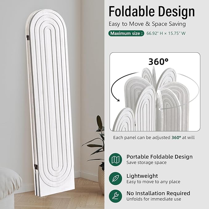 Room Divider and Folding Privacy Screen 4 Panel Wood Arched Room Divider Wall, Separators Divider for Room Separation, Folding Portable Partition Screen for Home Office Bedroom (White)