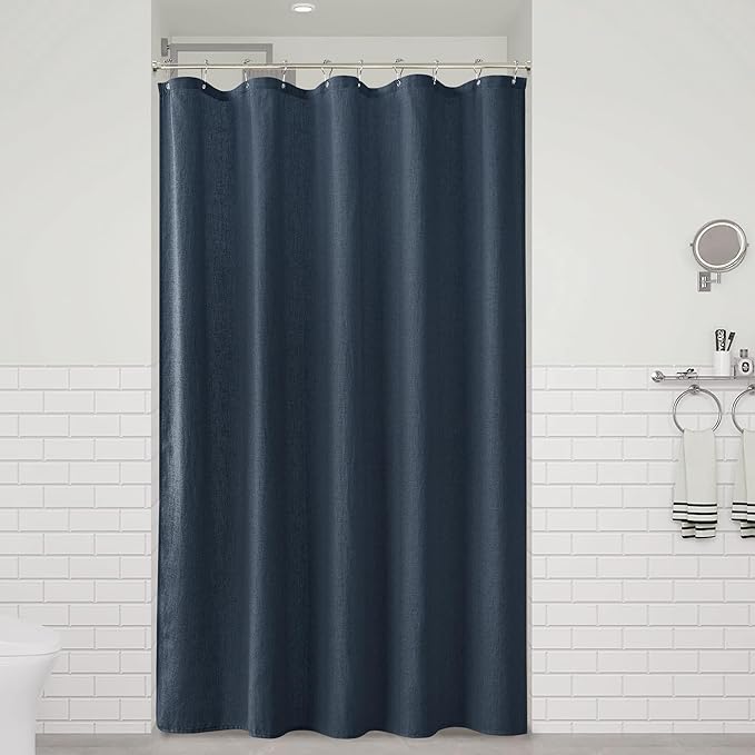 Naturoom Denim Blue 54 Inch Shower Curtain - Stall Narrow Half Linen Ultra Thick Fabric Shower Curtain Set with Hooks, Boho Farmhouse Rustic RV Camper Bath Curtains for Bathroom, 54x78