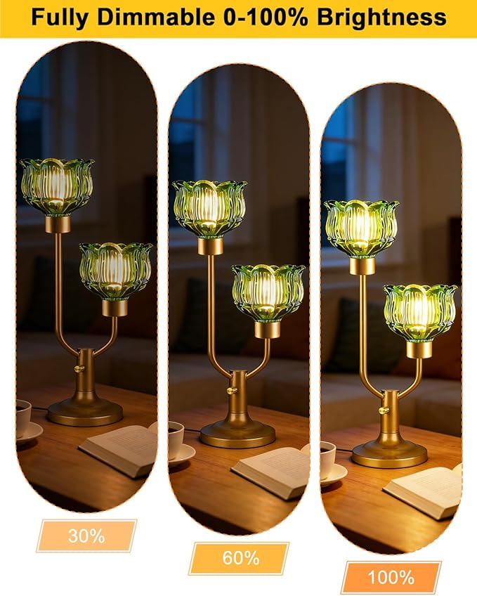 Lightdot Mid Century Modern Glass Green Table Lamp Dimmable U-Shaped Gold Desk Lamp with Lotus Glass Shade & 2Pcs Bulbs Included 3000K Warmwhite Nightstand Lamp for Living Room Bedroom End Table