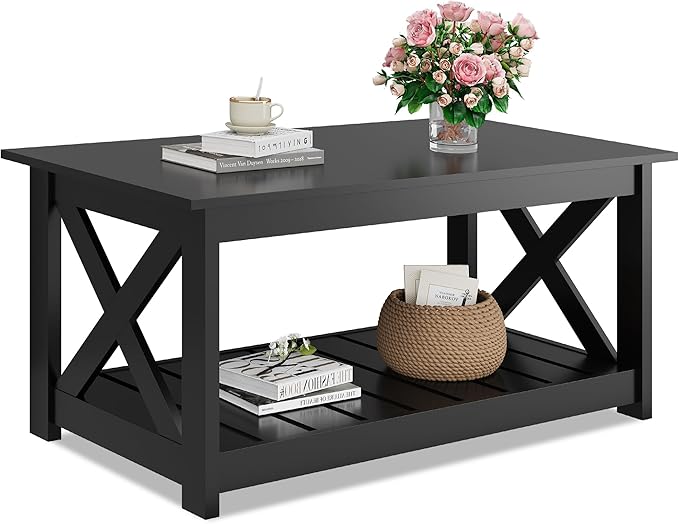 WLIVE Coffee Table, 40.1" Farmhouse Coffee Table with Slatted Storage Shelf & X-Shape Frame, 2-Tier Wood Center Table for Living Room, Balcony, Dark Black